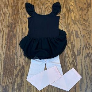 Arshiner, Girls Ruffle Sleeve Black Ballet Dance Dress w/Skirt & Tights,Size 6-7
